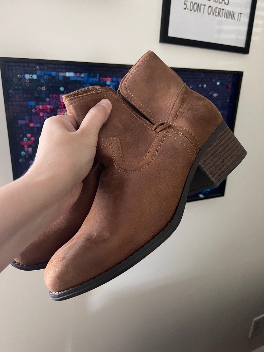 True Craft Tan Suede Ankle Booties with Low Block Heel